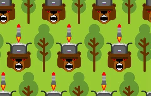 Russian forest pattern seamless. Rocket launch from bear cap. Russian winter  Stock Illustration