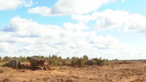 The Russian Grad multiple launch rocket system fires rockets in salvos. Video stock 272930838