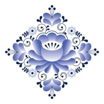 Russian Gzhel pattern - square shape, floral retro design Stock Illustration