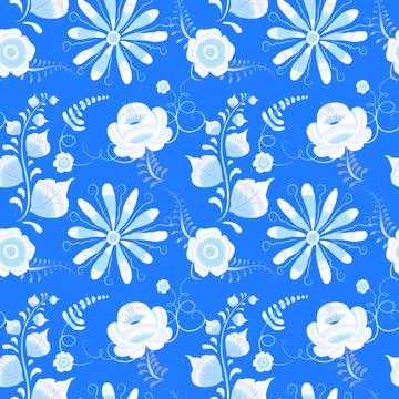 Russian gzhel vector seamless pattern Russian gzhel on blue vector seamles... Stock Photos