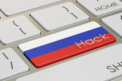 Russian hack attack concept, on the computer keyboard. 3D rendering Illustrazione stock
