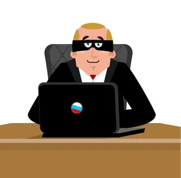 Russian hacker. computer thief from Russia. Man in mask and  laptop. Hacking  스톡 일러스트