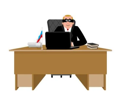 Russian hacker. computer thief from Russia. Man in mask and  laptop. Hacking  Illustrazione stock