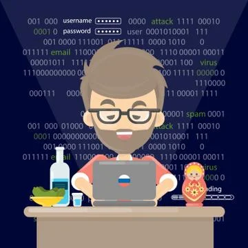 Russian hacker, Thief trying to hack personal information and download data. イラスト素材