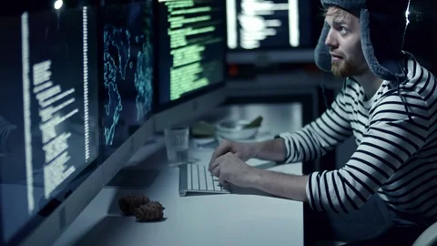 Russian Hacker Writing Computer Virus at Night Stock Footage 85827265
