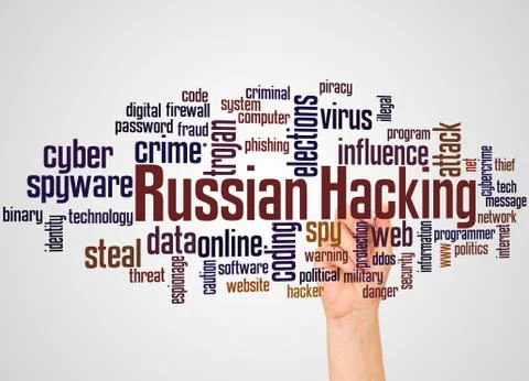 Russian hacking word cloud and hand with marker concept Stock Photos
