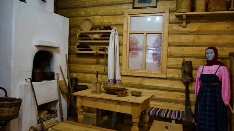 Russian hut inside: utensils, table, stove Stock Footage 93663829