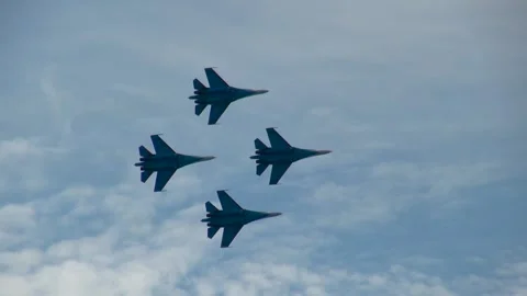 "Russian Knights" on 4 Su-27 aircraft perform aerobatics. Stock Footage 147725345