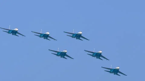 Russian Knights fighter jets flying in formation at air show Stock Footage 343783989