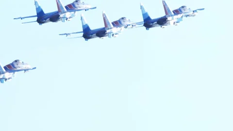 Russian Knights fighter jets flying in formation at airshow Stock Footage 345681681