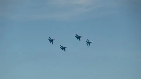 "Russian Knights" perform Group aerobatics on Su-27 (Flanker-B) aircraft. Video stock 147724787