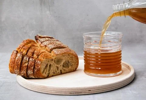 Russian kvass on a board with bread Stock Photos