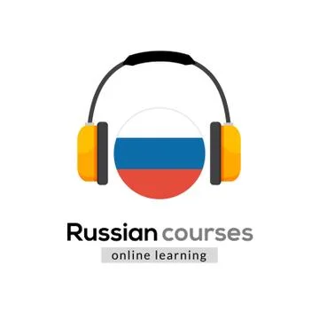 Russian language learning logo icon with headphones. Creative russian class Stock Illustration
