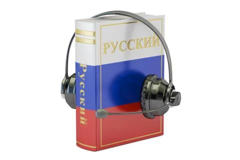 Russian language textbook with headset, learning and translate concept. 3D .. Illustrazione stock