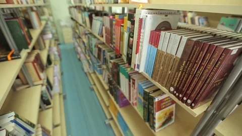 Russian library, bookshelves, left to right m/s Stock Footage 75982792