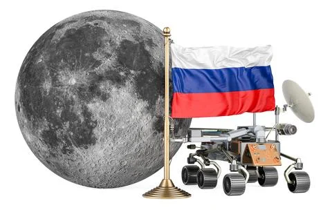 Russian Lunar Exploration Program. Planetary rover with Moon and Russian fl.. Stock-Illustration