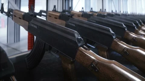 Russian machine gun AK 47 production factory. War concept. Realistic 4k Stock Footage 265576692