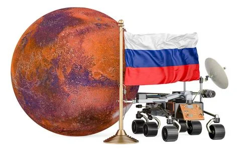 Russian Mars Exploration Program. Planetary rover with Mars and Russian fla.. Stock-Illustration