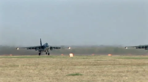 Russian military airplanes SU-25 take off Stock Footage