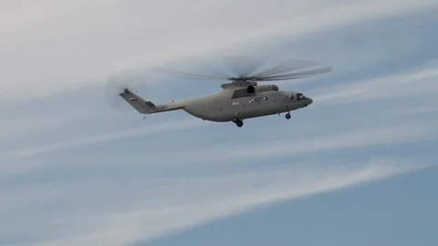 Russian multi-purpose transport helicopter Mi-26 in performs vertical climb Stock Footage 107584601