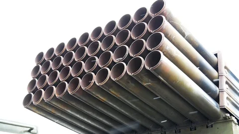 Russian multiple rocket launcher mounted on soviet military truck isolated on Stock Footage 86262248