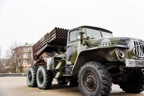 Russian multiple rocket launcher mounted on a soviet military truck Stock Photos