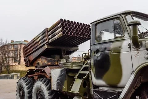 Russian multiple rocket launcher mounted on a soviet military truck Stock Photos