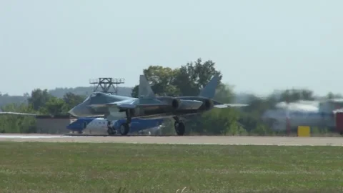 Russian multirole fighter Su-57 (NATO - Felon) stands on runway before takeoff. Stock Footage 219810459