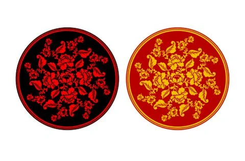 Russian national pattern Hohloma. Retro Floral ornament. Round decorated dish Stock Illustration