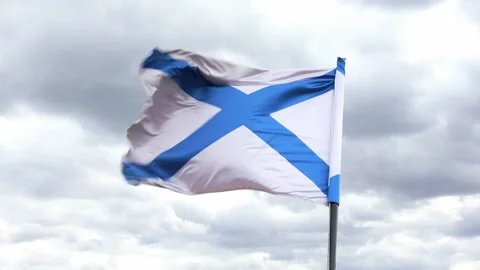 The Russian Navy Ensign, St Andrews's flag, naval flag of the Russian Federation Stock Footage 192558401