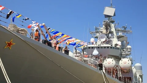 Russian Navy Slava-class missile cruiser Marshal Ustinov docked at V&amp;A Waterf Stock Footage 120481833