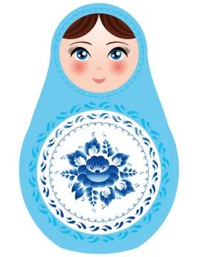 Russian nesting dolls on a white background with blue flowers. vector Stock Illustration