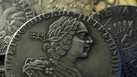Russian old times coins, circle movement Stock Footage