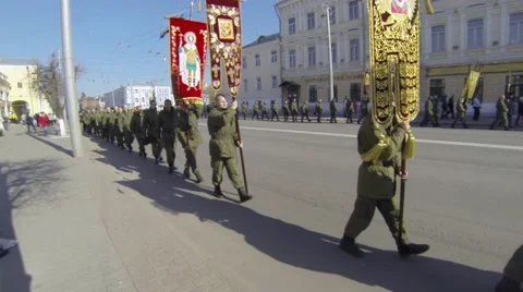 Russian orthodox believers marching in columns at traditional religious event Stock Footage 56399696