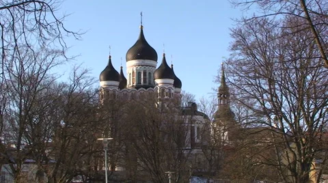 Russian Orthodox cathedral among leafless trees, Tallinn Stock Footage 52078816