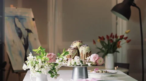 Russian Orthodox Easter cakes served with flowers. Stock Footage 62291151