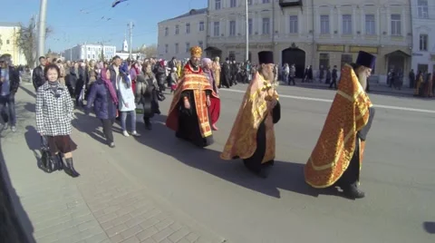 Russian orthodox priests walking in column along Vladimir city Stock Footage 56399464