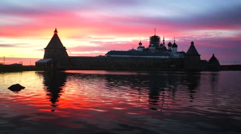 Russian Orthodox Solovetsky Monastery on amazing sunset. Stock Footage 64929761
