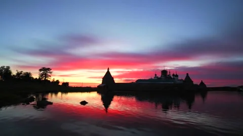 Russian Orthodox Solovetsky Monastery on amazing sunset. Stock Footage 64929784