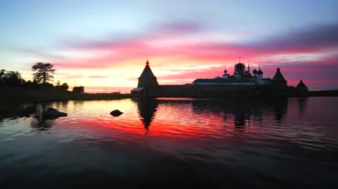 Russian Orthodox Solovetsky Monastery on amazing sunset. Stock Footage 64929785