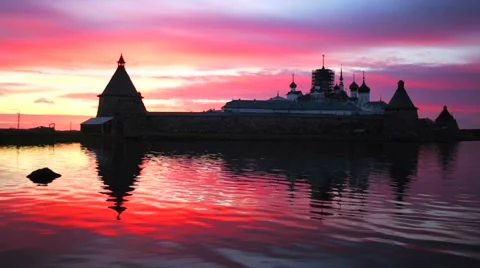 Russian Orthodox Solovetsky Monastery on amazing sunset. Stock Footage 64929786