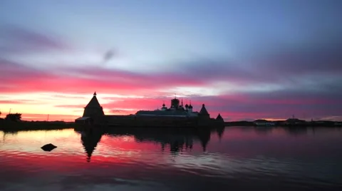 Russian Orthodox Solovetsky Monastery on amazing sunset. Stock Footage 64929814