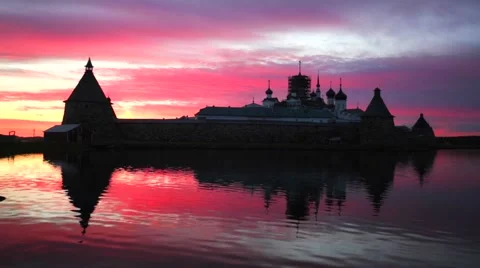 Russian Orthodox Solovetsky Monastery on amazing red sunset. Stock Footage 64929828