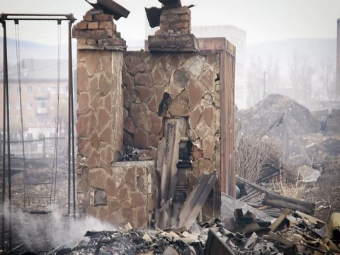 Russian Oven, it Remains Intact After the House Burned Down. Black Dog Walking Video stock 71530786