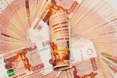 Russian paper banknotes with a face value of 5,000 rubles Stock Photos