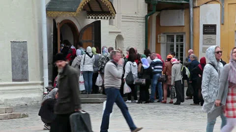 Russian people standing in line at the temple, Sergiev Posad, Russia Stock Footage 24082124