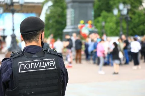 Russian policeman keeps order Foto stock