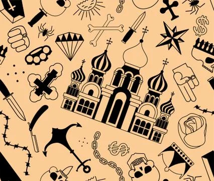 Russian prison tattoo pattern seamless. Church and skull. Cross and chain. Ba Stock Illustration