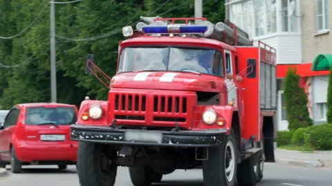 Russian red fire engine is always ready to quickly come to extinguish a fire Stock Footage 119497153