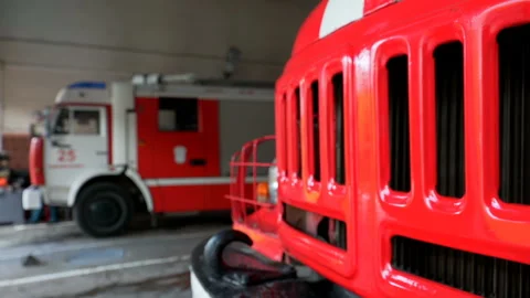 Russian red fire engine in the fire department, always ready to quickly leave  Stock Footage 119496969